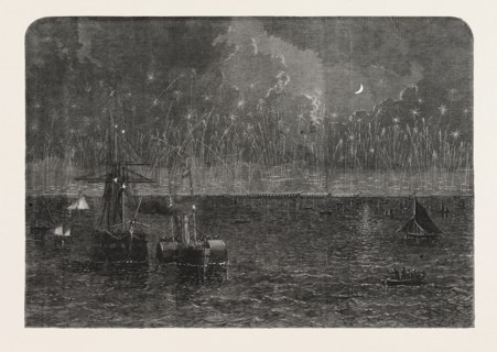 ILLUMINATION OF THE FLEETS AT SPITHEAD ON THE EVENING OF THE GRAND ADMIRALTY BANQUET, UK, 1865