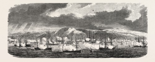 THE FRENCH AND BRITISH FLEETS AT CHERBOURG, FRANCE: SUNRISE IN THE ROADSTEAD, CHERBOURG: VIEW OF