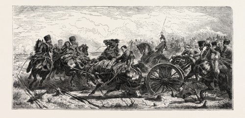 "CHARGE OF ARTILLERY OF THE FRENCH GUARD IN THE BATTLE OF TRAKTIR DURING THE CRIMEAN WAR", FROM A