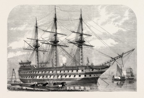 H.M.S. AGAMEMNON RECEIVING THE ATLANTIC CABLE ON BOARD FROM MESSRS. GLASSE AND ELLIOT'S WORKS, EAST