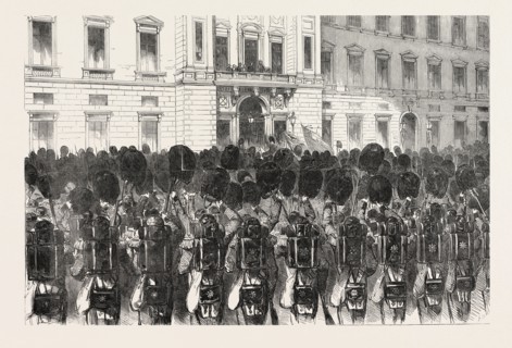 FAREWELL OF THE FIRST BATALLION OF SCOTS FUSILIER GUARDS AT BUCKINGHAM PALACE, LONDON, UK, 1854