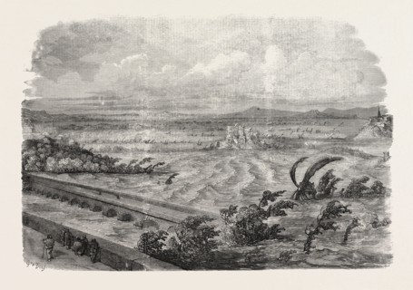 THE INUNDATIONS AT LYONS: EFFECT OF THE MISTRAL WIND UPON THE FLOOD, DRAWN BY GUSTAVE DORE, FRANCE,
