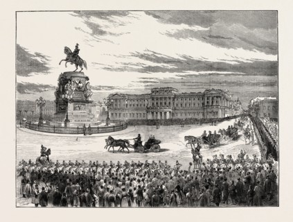 VISIT OF THE EMPEROR OF GERMANY TO ST. PETERSBURG, RUSSIA: THE EMPEROR AND THE CZAR PASSING THE