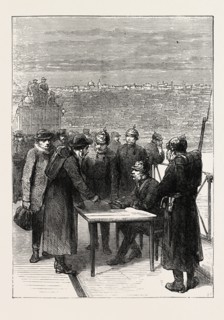 THE FRANCO-PRUSSIAN WAR: PRUSSIANS EXAMINING PASSES AT THE BRIDGE OF ASNIERES, FRANCE, 1871