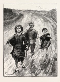 CHILDREN CARRYING TURF TO PAY THEIR SCHOOL FEES, IRELAND, 1888 engraving