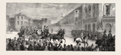 ARRIVAL OF THE QUEEN THE ROYAL PARTY LEAVING THE RAILWAY STATION, THE QUEEN AT FLORENCE, ITALY,