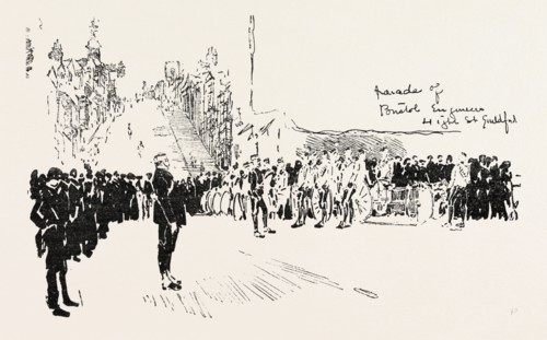 WITH THE CYCLIST CORPS AT THE EASTER VOLUNTEER MANOEUVRES, 1888 engraving