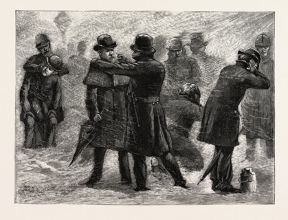 BLIZZARD IN NEW YORK, A POLICEMAN RUBBING SNOW ON THE FROZEN EARS OF A PASSER BY DURING THE STORM,