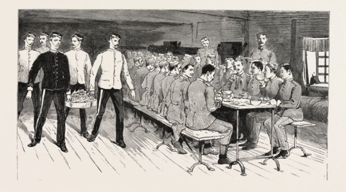 MANOEUVRES AT PORTSMOUTH, THE QUEEN'S WESTMINSTER RIFLE VOLUNTEERS AT DINNER IN EASTNEY BARRACKS,