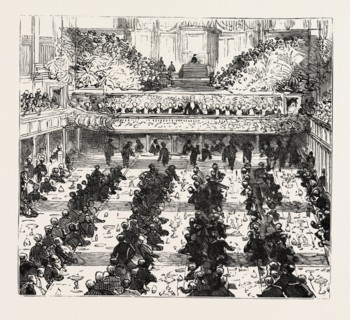 THE BANQUET IN THE TOWN. HALL MR. CHAMBERLAIN SPEAKING, BIRMINGHAM, UK, britain, united kingdom, u