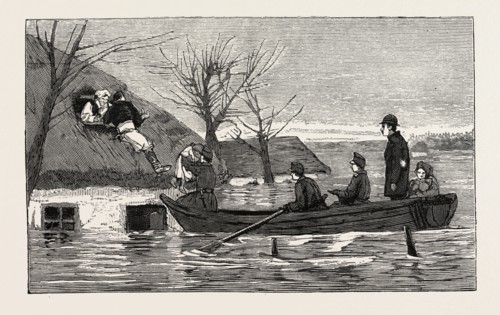 RESCUING A FAMILY FROM THE ROOF OF THEIR HOUSE, MOGILA, GALICIA, SPAIN, 1888 engraving