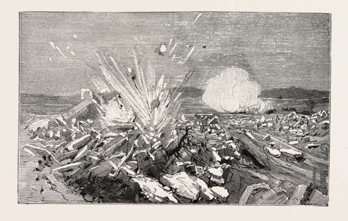 AUSTRIAN ARTILLERY DEMOLISHING BY CANNON SHOT A DAM OF ICE ON THE VISTULA AT NIEPOLOMICE, GALICIA,