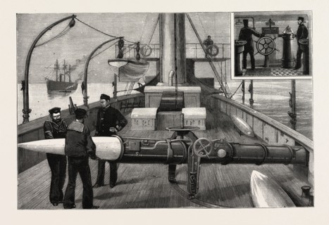 TORPEDO GUN BOAT, LOADING A TORPEDO TUBE ON THE UPPER DECK, LOOKING FORWARD, 1888 engraving