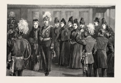 ARRIVAL OF HER MAJESTY AT THE RAILWAY STATION, CHARLOTTENBURG THE QUEEN ESCORTED TO HER CARRIAGE BY