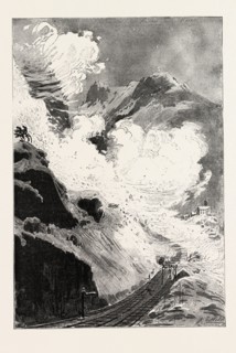 AN AVALANCHE AT WASSEN, VALLEY OF REUSS, CANTON URI, SWITZERLAND, 1888 engraving
