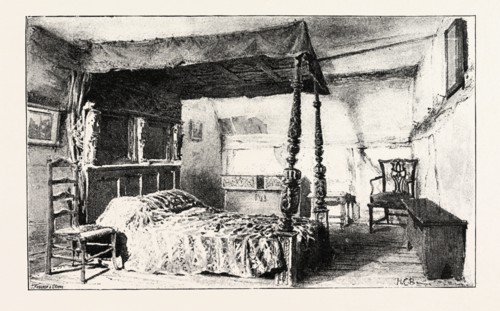 BEDROOM IN ANNE HATHAWAY'S COTTAGE AT SHOTTERY, NEAR STRATFORD-ON-AVON With Bedstead of the time of