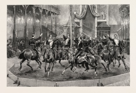 PLAITING THE MAYPOLE ON HORSEBACK, 1888 engraving