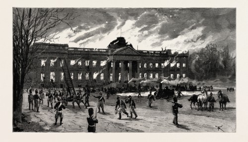 THE BURNING OF LAEKEN CASTLE, BRUSSELS, THE RESIDENCE OF KING LEOPOLD, BELGIUM, Engraving 1890