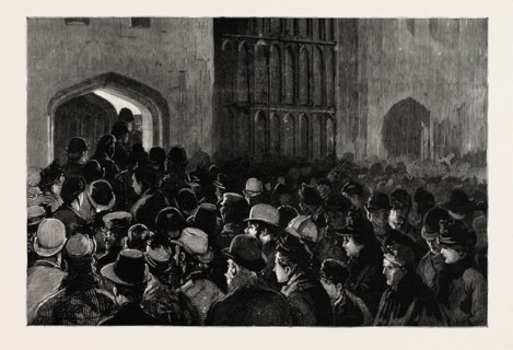 DISTRIBUTING THE QUEEN'S NEW YEAR GIFTS AT WINDSOR, engraving 1890, uk, britain, british, united