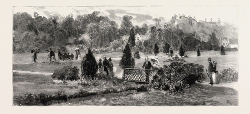 BOURNEMOUTH, VIEW IN PUBLIC GARDENS, engraving 1890, UK, U.K., Britain, British, Europe, United