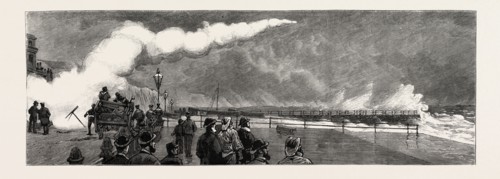 DOVER, THE BRIGADE AT PRACTICE FIRING A, ROCKET OVER THE END OF THE PIER, THE PIER REPRESENTING A