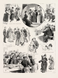 AMUSEMENTS AT THE PEOPLE'S PALACE, MILE END ROAD, A SUBSCRIPTION DANCE, LONDON, engraving 1890, UK,