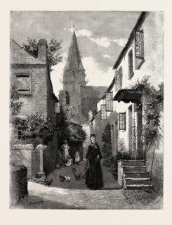 DRAWN BY PERCY MACQUOID, ENGLISH VILLAGE STREET, engraving 1890