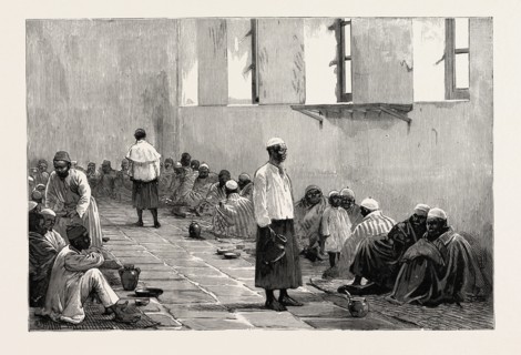 EMIN PASHA'S PEOPLE  AT HOME IN THE ABBASSIYEH BARRACKS, CAIRO, EGYPT, engraving 1890