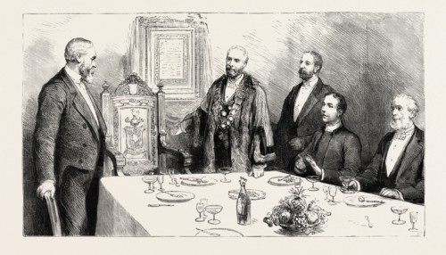 Presentation of a carved oak chair to Dr. James Williams at Brecon, Wales, Colonel John Morgan,