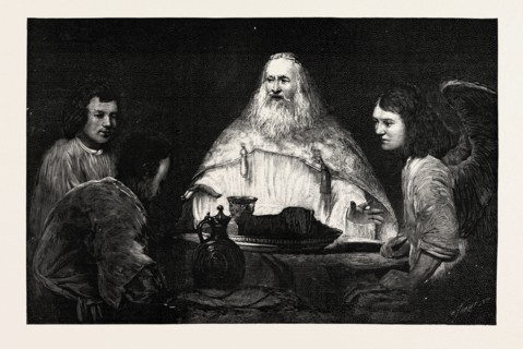ABRAHAM AT TABLE WITH THE ANGELS, picture attributed to Rembrandt, engraving 1890