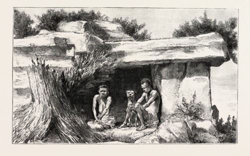 SWAZILAND, BUSHMEN OR CAVE DWELLERS, engraving 1890