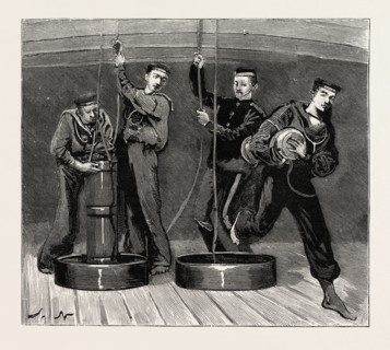 NIGHT QUARTERS ON BOARD A MAN OF WAR, GETTING UP POWDER, engraving 1890