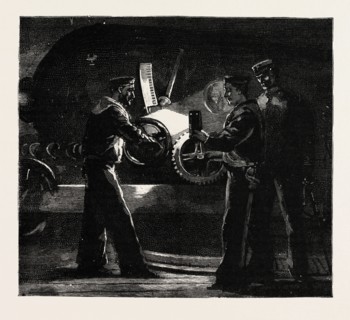 NIGHT QUARTERS ON BOARD A MAN OF WAR, LAYING A GUN, engraving 1890