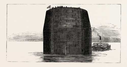 THE OPENING OF FORTH BRIDGE BY THE PRINCE OF WALES, TOWING A CAISSON INTO POSITION, engraving 1890,