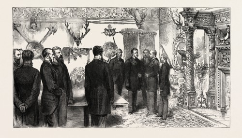OPENING OF THE FORTH BRIDGE, THE PRINCE AND THE DIRECTORS IN THE RECEPTION ROOM, engraving 1890,