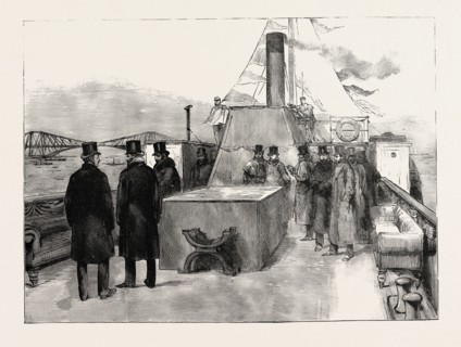OPENING OF THE FORTH BRIDGE, THE PRINCE VIEWING THE BRIDGE FROM THE STEAM-LAUNCH DOLPHIN, engraving
