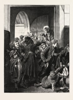 FREE DINNERS TO POOR CHILDREN AT THE KING EDWARD'S MISSION, WHITECHAPEL, LONDON, engraving 1890,