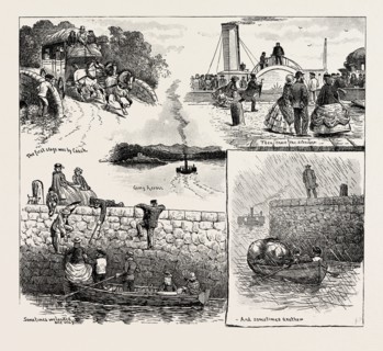 BEFORE THE FORTH BRIDGE EXISTED, CROSSING THE FORTH FIVE AND TWENTY YEARS AGO, engraving 1890, UK,