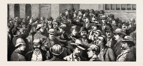 TRANSVAAL GOLD FIELDS, SOUTH AFRICA, SCENE IN THE OPEN AIR, CHANGE, JOHANNESBURG, engraving 1890