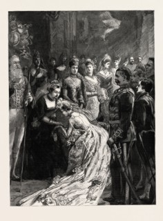 A PRESENTATION TO HER MAJESTY AT A RECENT DRAWING ROOM, engraving 1890