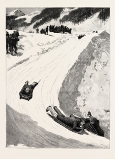 TOBOGGANING AT ST. MORITZ, ENGADINE, SWITZERLAND, SLED, BOBSLEIGH, engraving 1890