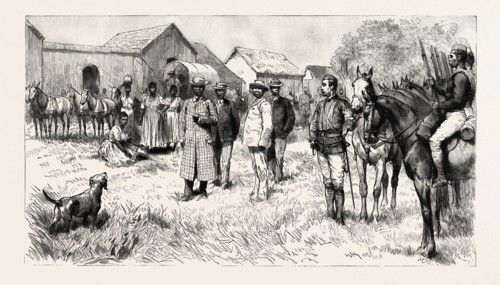 DINIZULU, UNDABUKO, AND CHINGWAO, THE EXILED ZULU CHIEFS, LEAVING THE GAOL AT ESHOWE, ZULULAND, EN