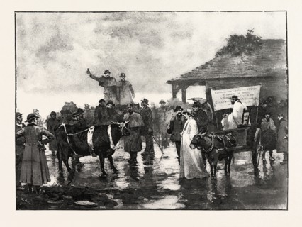 THE TITHE QUESTION IN WALES, A DISTRAINT SALE OF CATTLE, engraving 1890, UK, U.K., Britain,