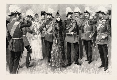 OPENING OF THE ROYAL MILITARY EXHIBITION IN THE CHELSEA HOSPITAL GROUNDS, LONDON, engraving 1890,