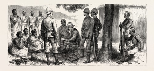 THE CHIN LUSHAI EXPEDITIONARY FORCE, THE RAJAH LIENPUNGA MAKING HIS SUBMISSION, engraving 1890