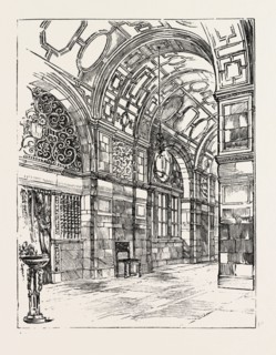 THE IMPERIAL INSTITUTE, LONDON, THE PRINCIPAL CORRIDOR, engraving 1890, UK, U.K., Britain, British,
