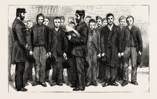 STOKERS FOR THE BRITISH NAVY, ARE YOU WILLING TO SERVE FOR TWELVE YEARS ? , engraving 1890, UK, U.K