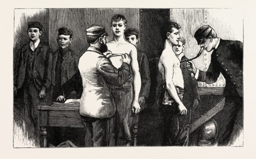 STOKERS FOR THE BRITISH NAVY, CANDIDATES PASSING THE DOCTOR, engraving 1890, UK, U.K., Britain,