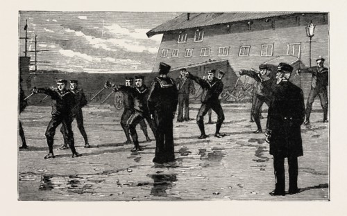STOKERS FOR THE BRITISH NAVY, CUTLASS DRILL, engraving 1890, UK, U.K., Britain, British, Europe,