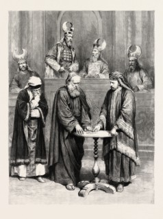 THE PASSION PLAY AT OBERAMMERGAU, JUDAS TAKING THE THIRTY PIECES OF SILVER, GERMANY, engraving 1890